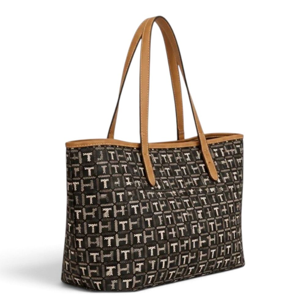 Tommy Hilfiger Brown TH Monogram Jacquard Tote Bag Tan Trim Y2K